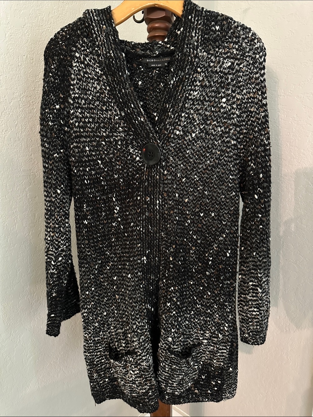 BCBGMaxAzria Black & White Marled Button-Front Hooded Cardigan